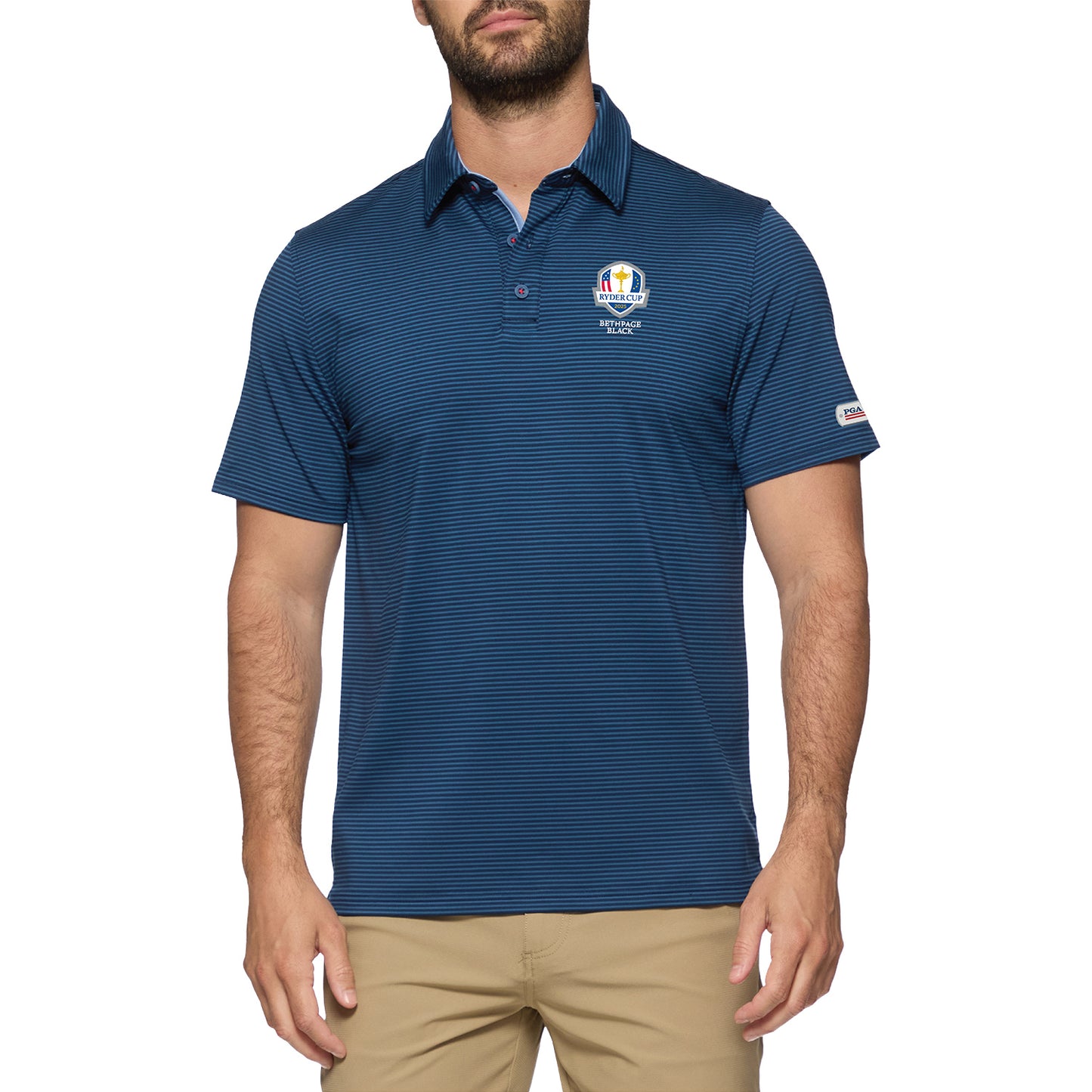 Flag & Anthem PGA HOPE x 2025 Ryder Cup Naples Stripe Polo in Navy and Blue - Modeled Front View