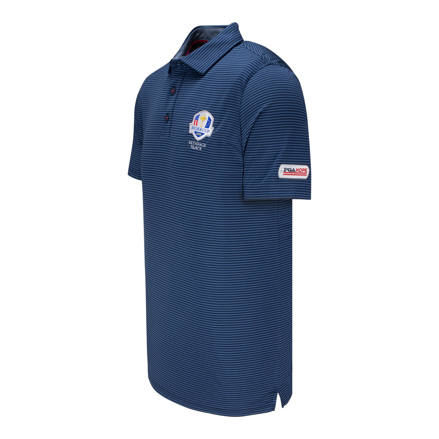 Flag & Anthem PGA HOPE x 2025 Ryder Cup Naples Stripe Polo in Navy and Blue - Left Side View