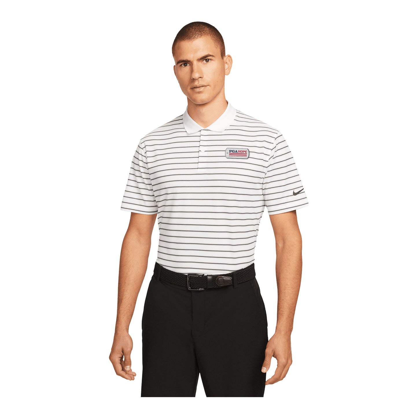 Nike PGA HOPE Victory Stripe Polo in White and Black - Modeled Front View