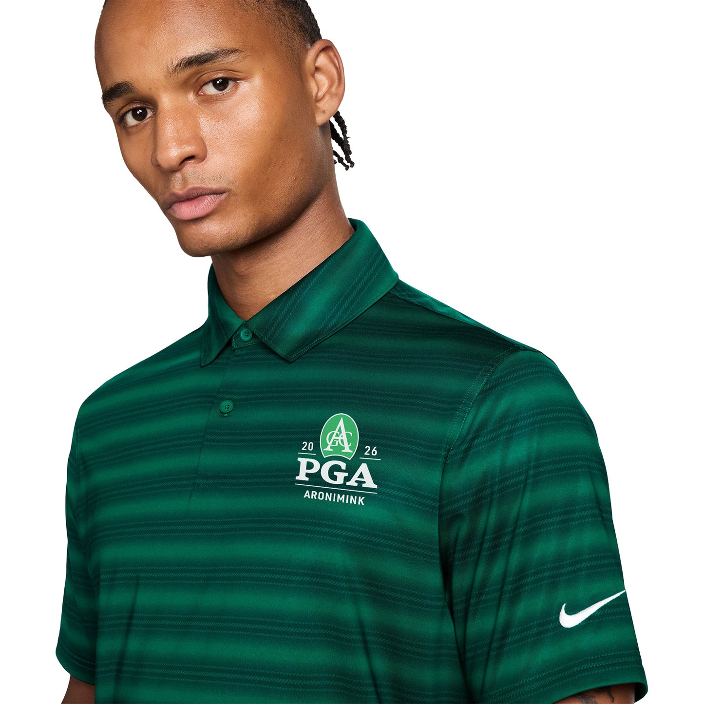 Nike PGA HOPE X 2026 PGA Championship Velocity Stripe Polo in Malachite Green and White - Modeled Close Up