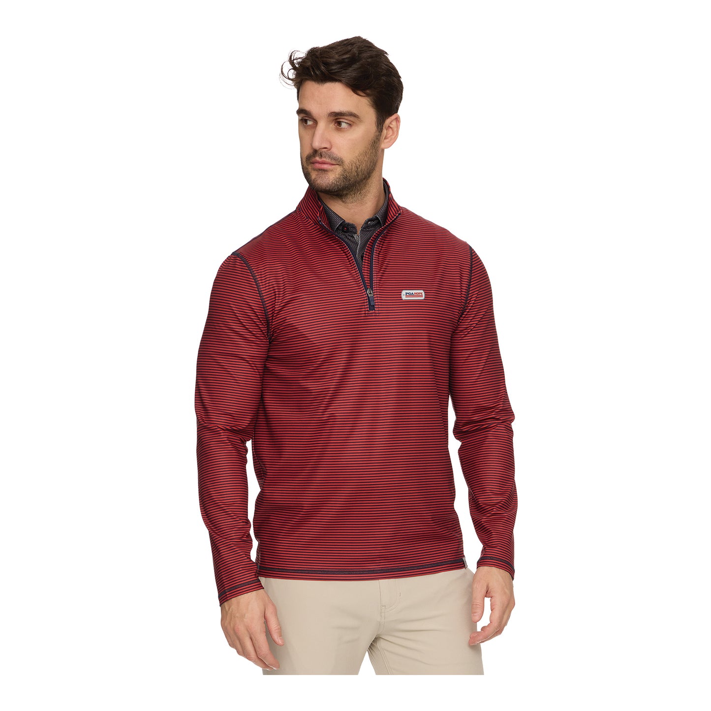 Flag & Anthem PGA HOPE Journey Quarter Zip in Red and Navy - Modeled Front View