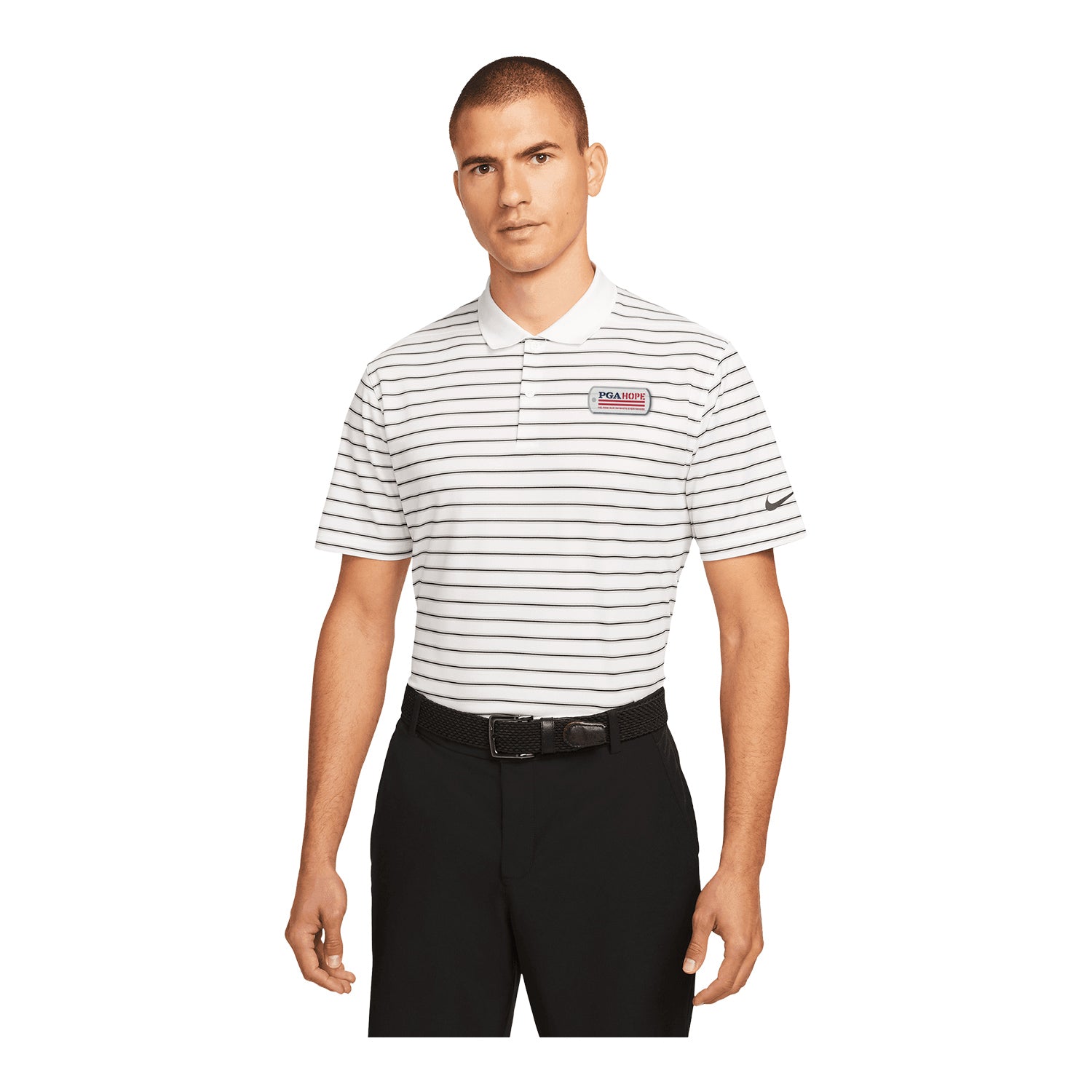 Nike PGA HOPE Victory Stripe Polo in White and Black - Modeled Front View