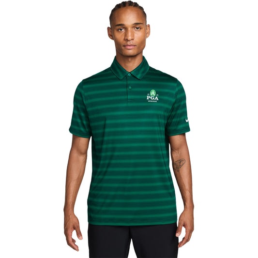 Nike PGA HOPE X 2026 PGA Championship Velocity Stripe Polo in Malachite Green and White - Modeled Front View