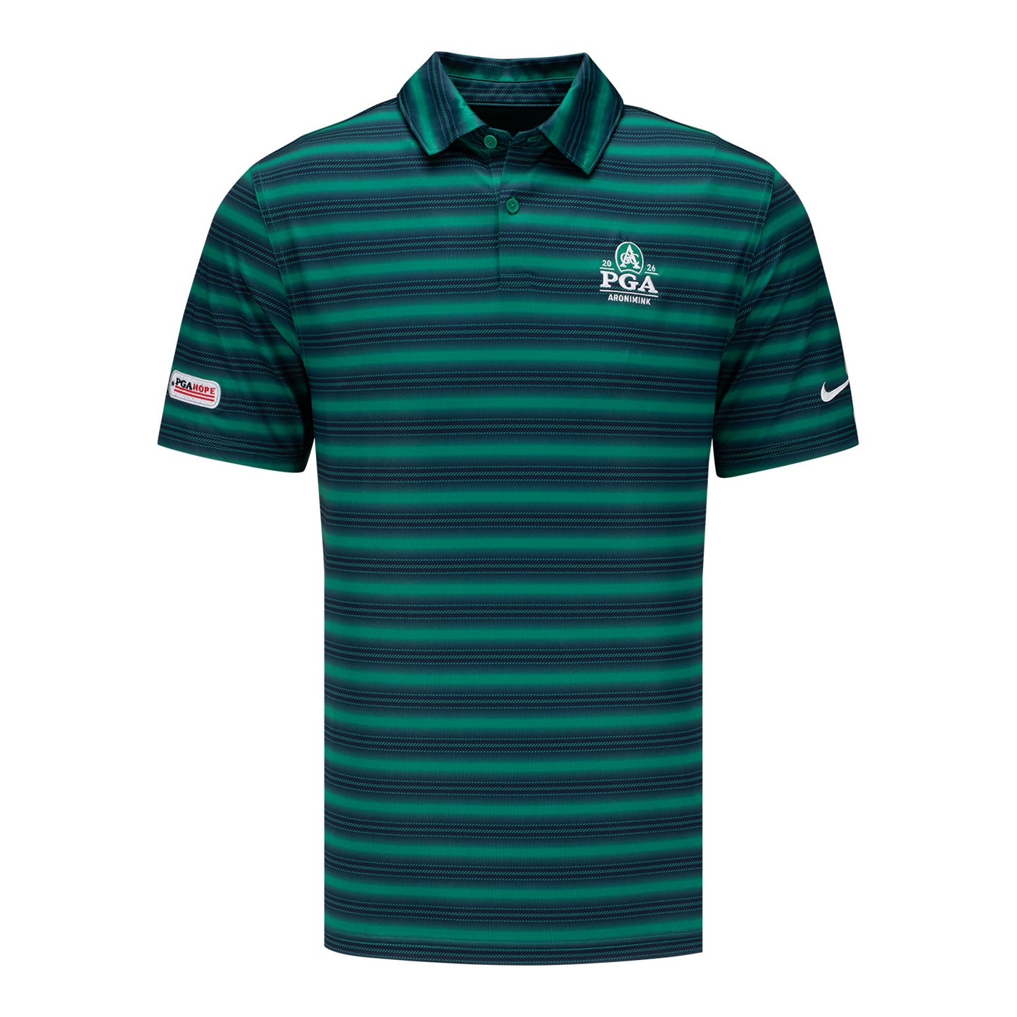 Nike PGA HOPE X 2026 PGA Championship Velocity Stripe Polo in Malachite Green and White - Front View