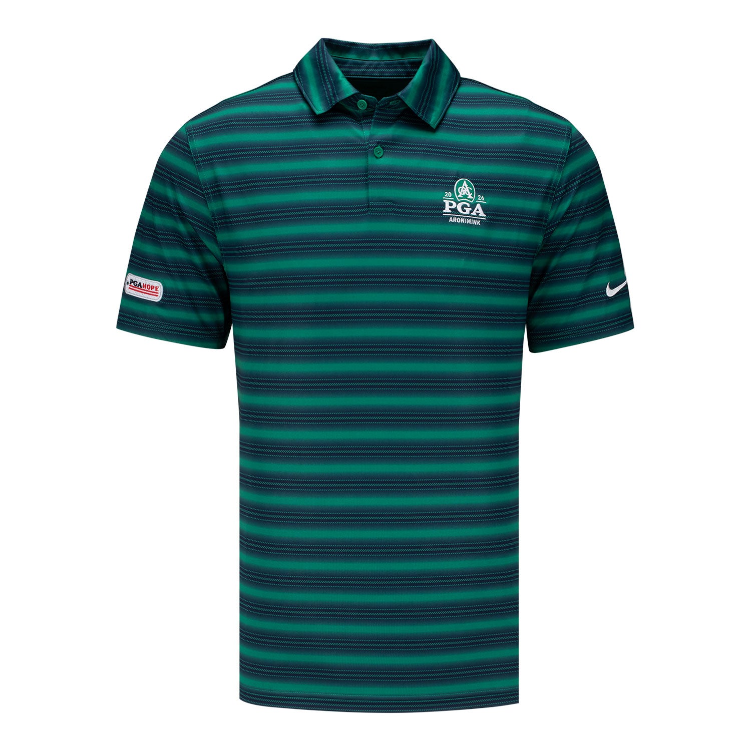 Nike PGA HOPE X 2026 PGA Championship Velocity Stripe Polo in Malachite Green and White - Front View