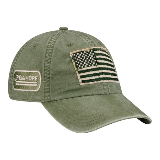 Ahead PGA HOPE Sonne Cotton Twill Patch Flag Hat in Olive - Angled Front Right View