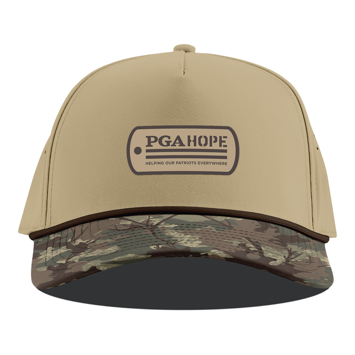 Branded Bills PGA HOPE Curved 5 Panel Rope Hat in Desert and Desert Camo - Front