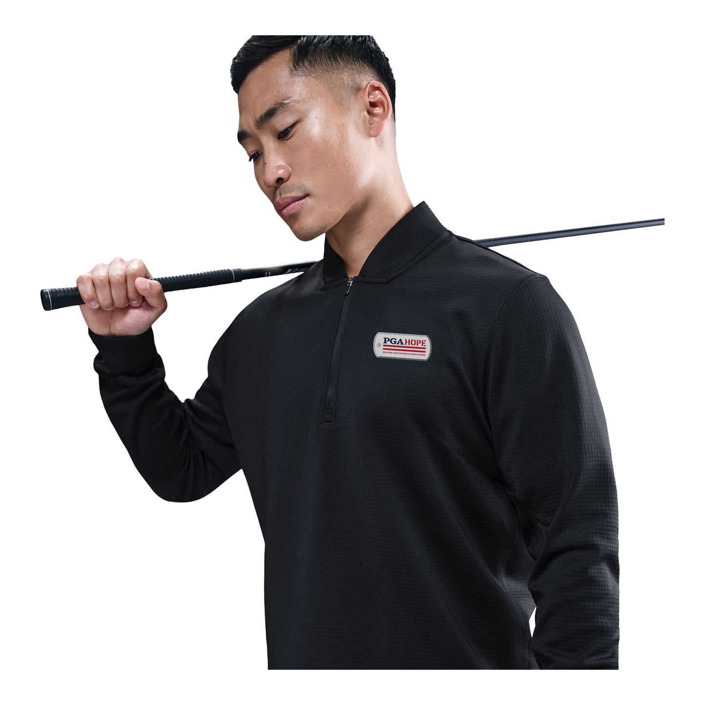 Nike PGA HOPE Therma-FIT Velocity Quarter Zip in Black - Modeled Close Up Front View